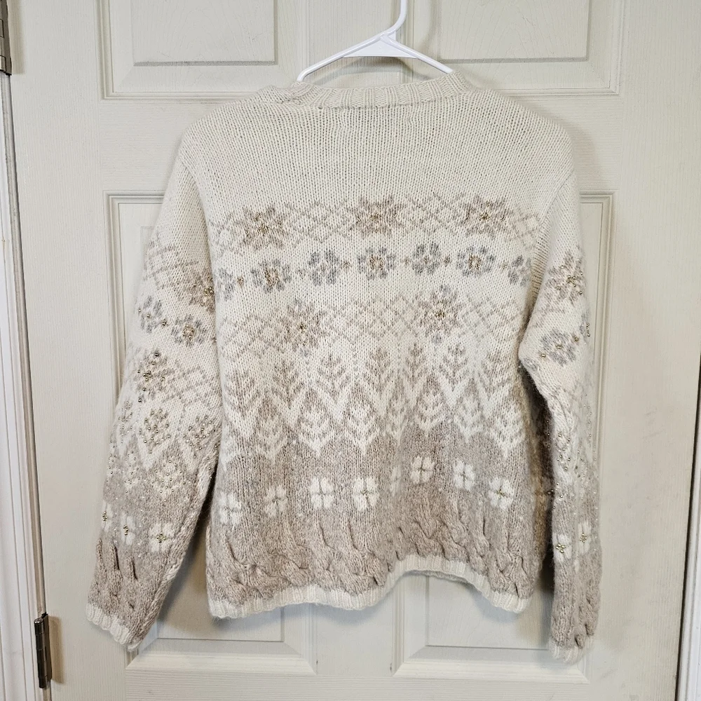 Marisa Christina Vintage Fair Isle Beaded Cable Knit Chunky Button Down Cardigan